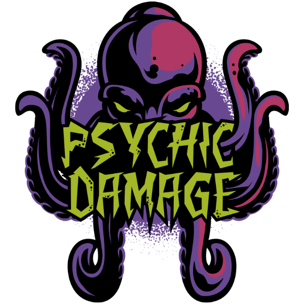Logo for Psychic Damage, featuring the title in a lime green colour with a menacing purple illithid looming behind the text